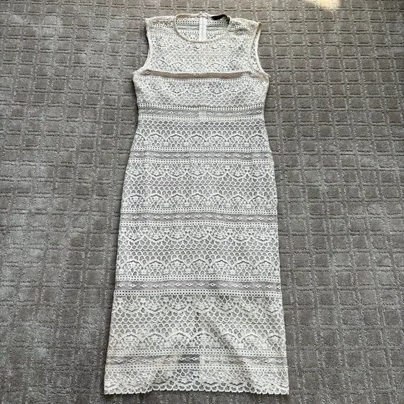 Zara Semi-Sheer Lace Midi Dress Women's M Cream Nude Minimalist Coquette EUC - Picture 3 of 13